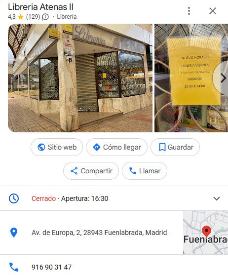 captura de la información del localLibrería Atenas II en google