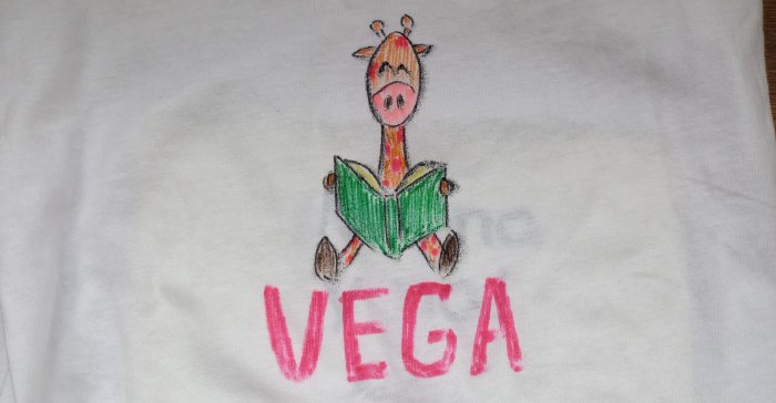 imagen de una bolsa de libros para la biblioteca del colegio. Pone el nombre de Vega y aparece una jirafa lectora. Todo pintado a mano